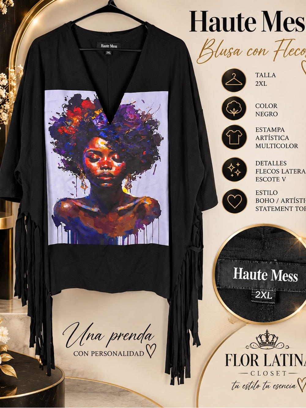 Womenβs Black Boho Fringe Top with Multicolor Artistic Print